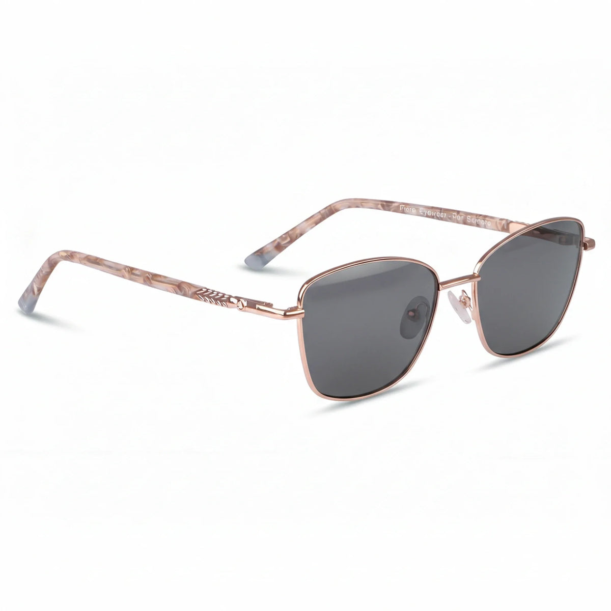 Fiore 2210 square cat eye sunglasses, gold steel frame, black polarized lens, three-quarter view · ReFramed