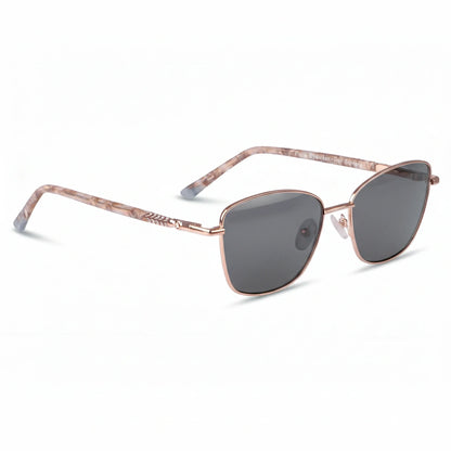 Fiore 2210 square cat eye sunglasses, gold steel frame, black polarized lens, three-quarter view · ReFramed