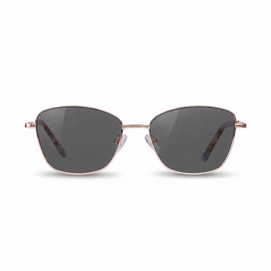 Fiore 2210 square cat eye sunglasses, gold steel frame, black polarized lens, front view · ReFramed