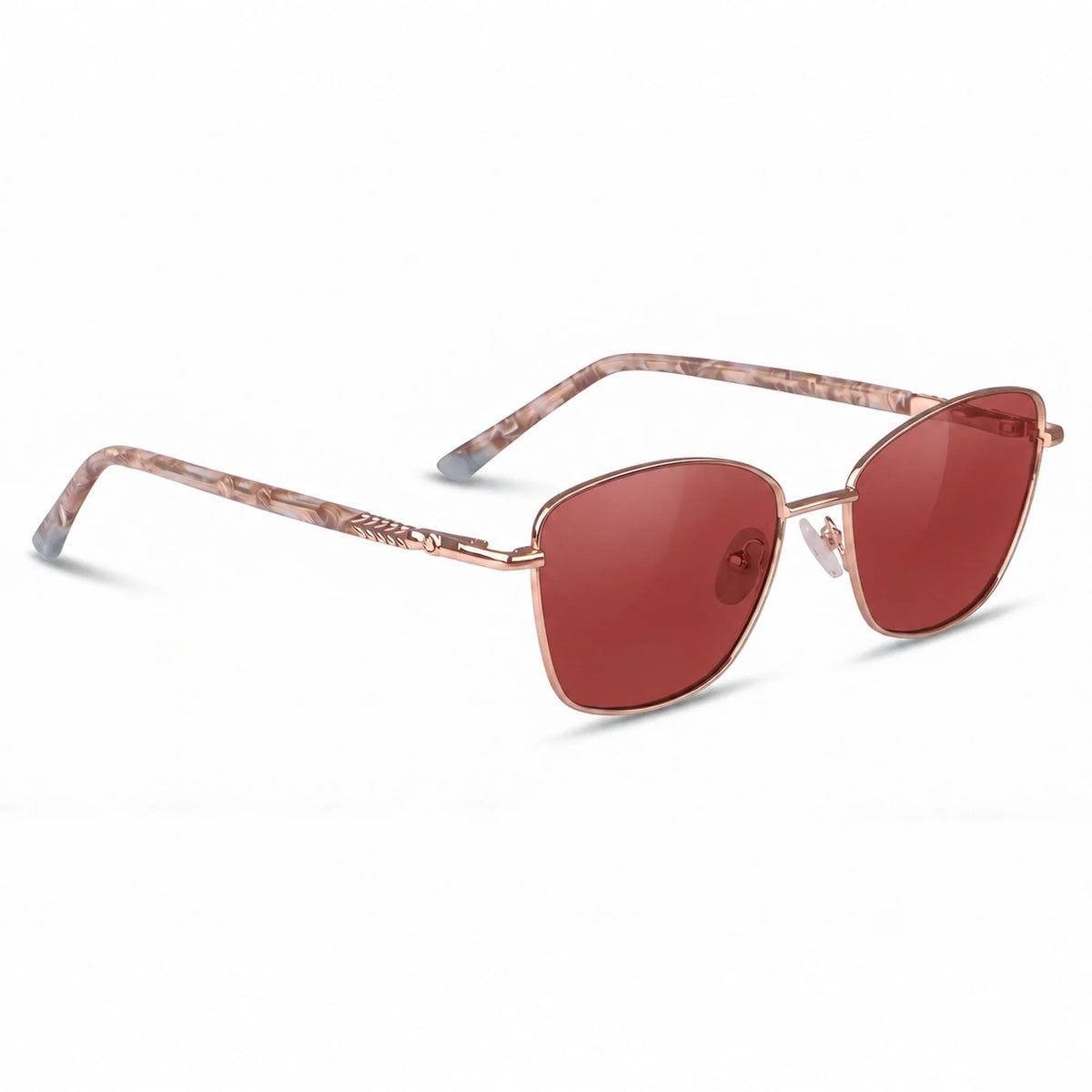 Fiore 2210 square cat eye sunglasses, gold steel frame, red polarized lens, three-quarter view · ReFramed