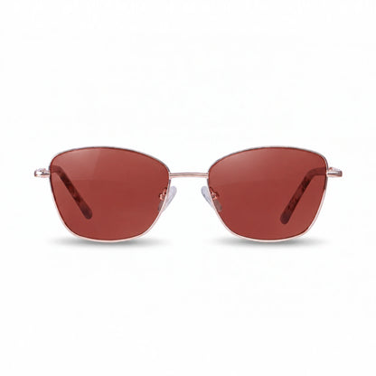 Fiore 2210 square cat eye sunglasses, gold steel frame, red polarized lens, front view · ReFramed
