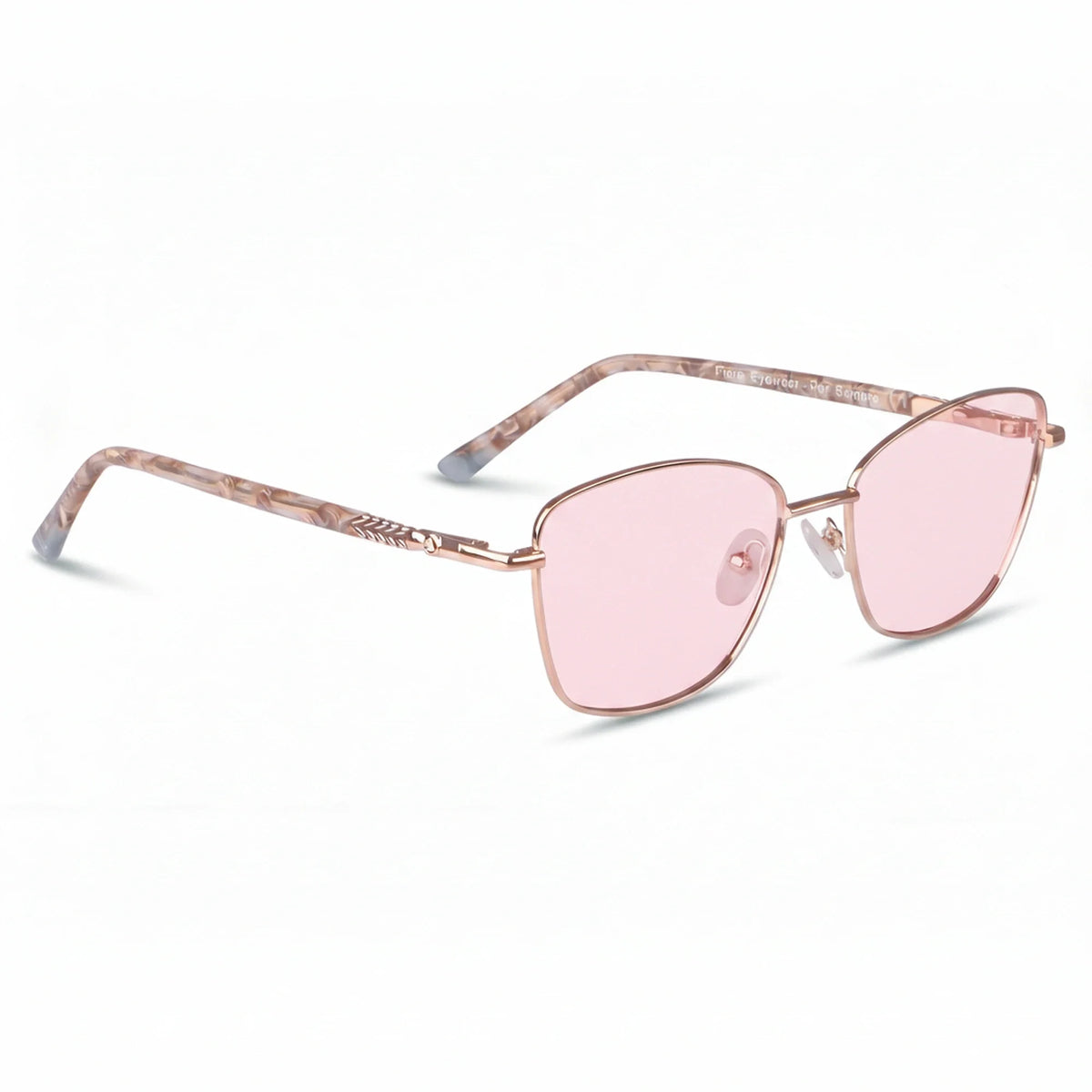 Fiore 2210 square cat eye sunglasses, gold steel frame, pink polarized lens, three-quarter view · ReFramed