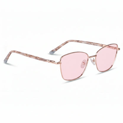 Fiore 2210 square cat eye sunglasses, gold steel frame, pink polarized lens, three-quarter view · ReFramed