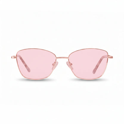 Fiore 2210 square cat eye sunglasses, gold steel frame, pink polarized lens, front view · ReFramed