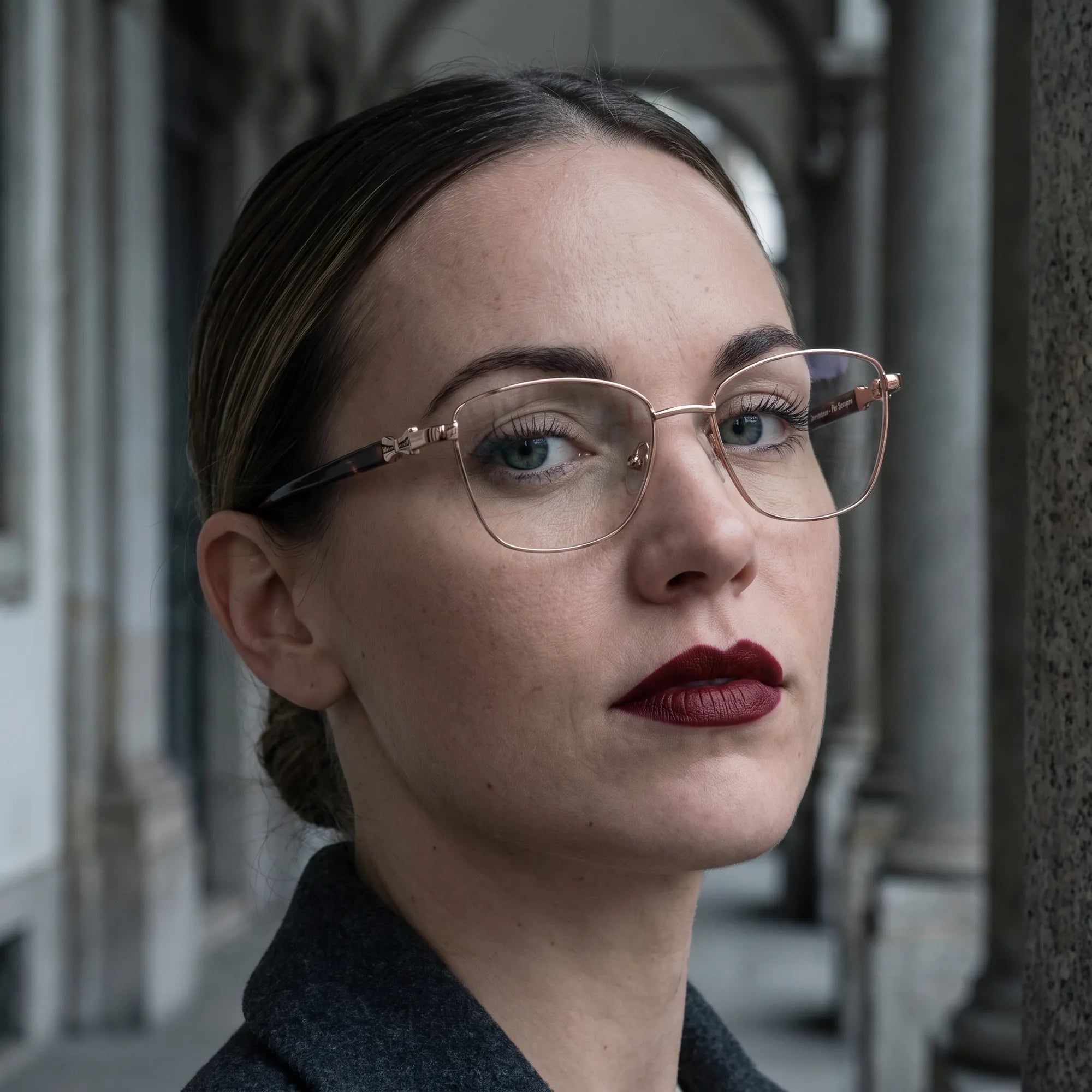 Fiore 22115 eyeglasses in brown, worn by a model – campaign portrait, moody autumn portrait between stone columns