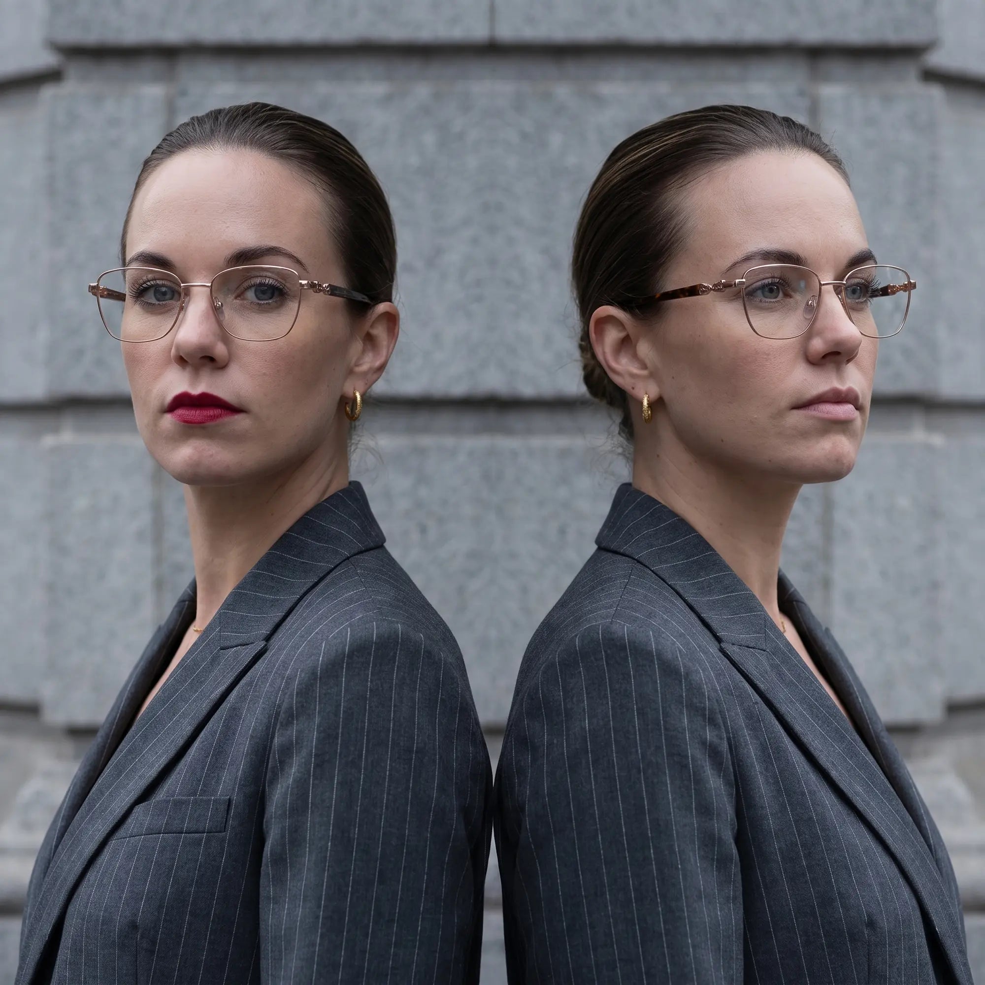 Fiore 22115 eyeglasses in brown, worn by a model – campaign portrait, overcast-city autumn street style