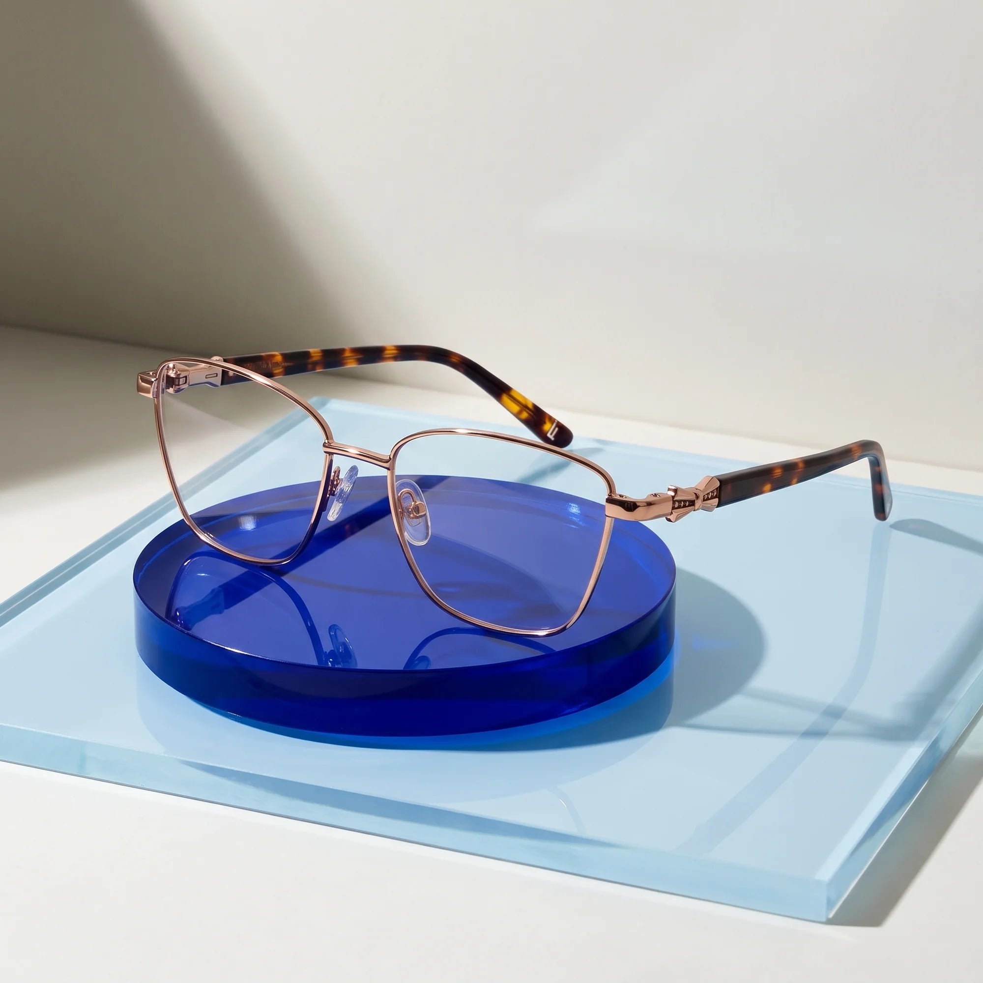 Fiore 22115 eyeglasses in brown – on a cobalt acrylic disc in soft daylight
