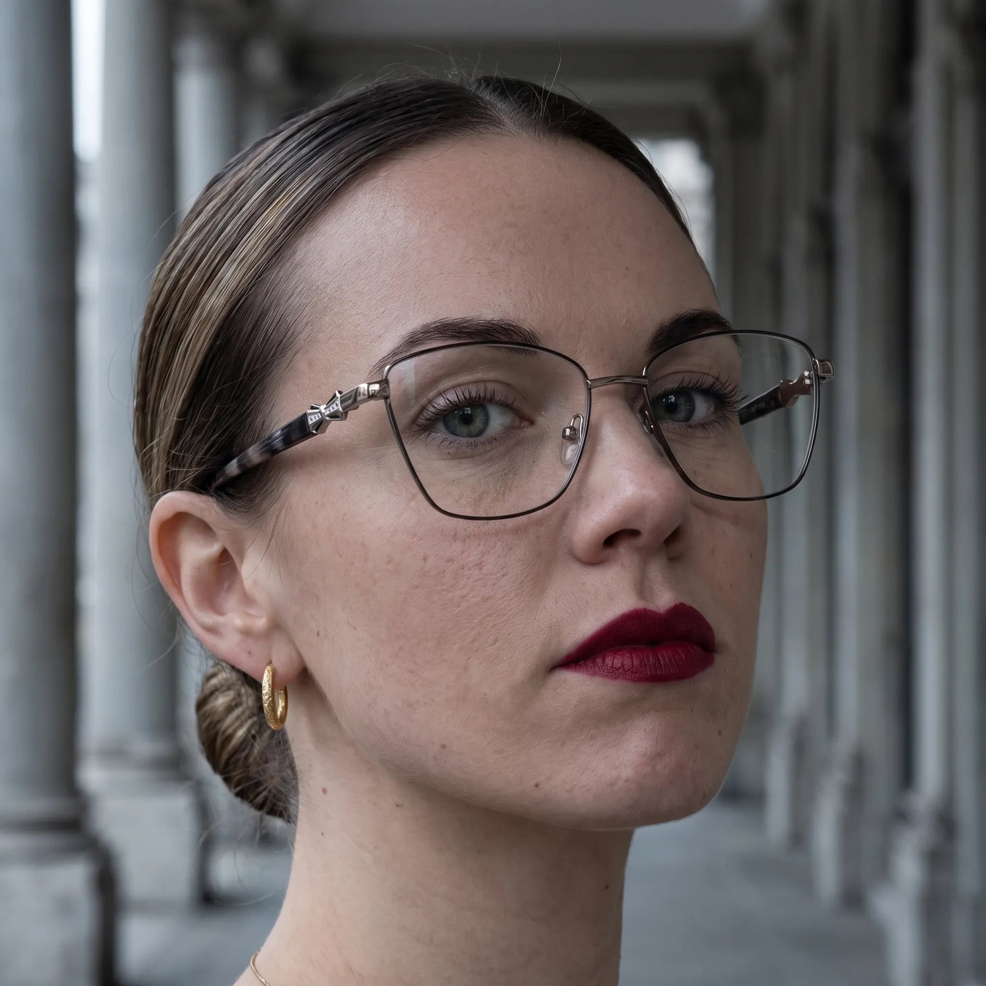Fiore 22115 eyeglasses in black silver, worn by a model – campaign portrait, moody autumn portrait between stone columns