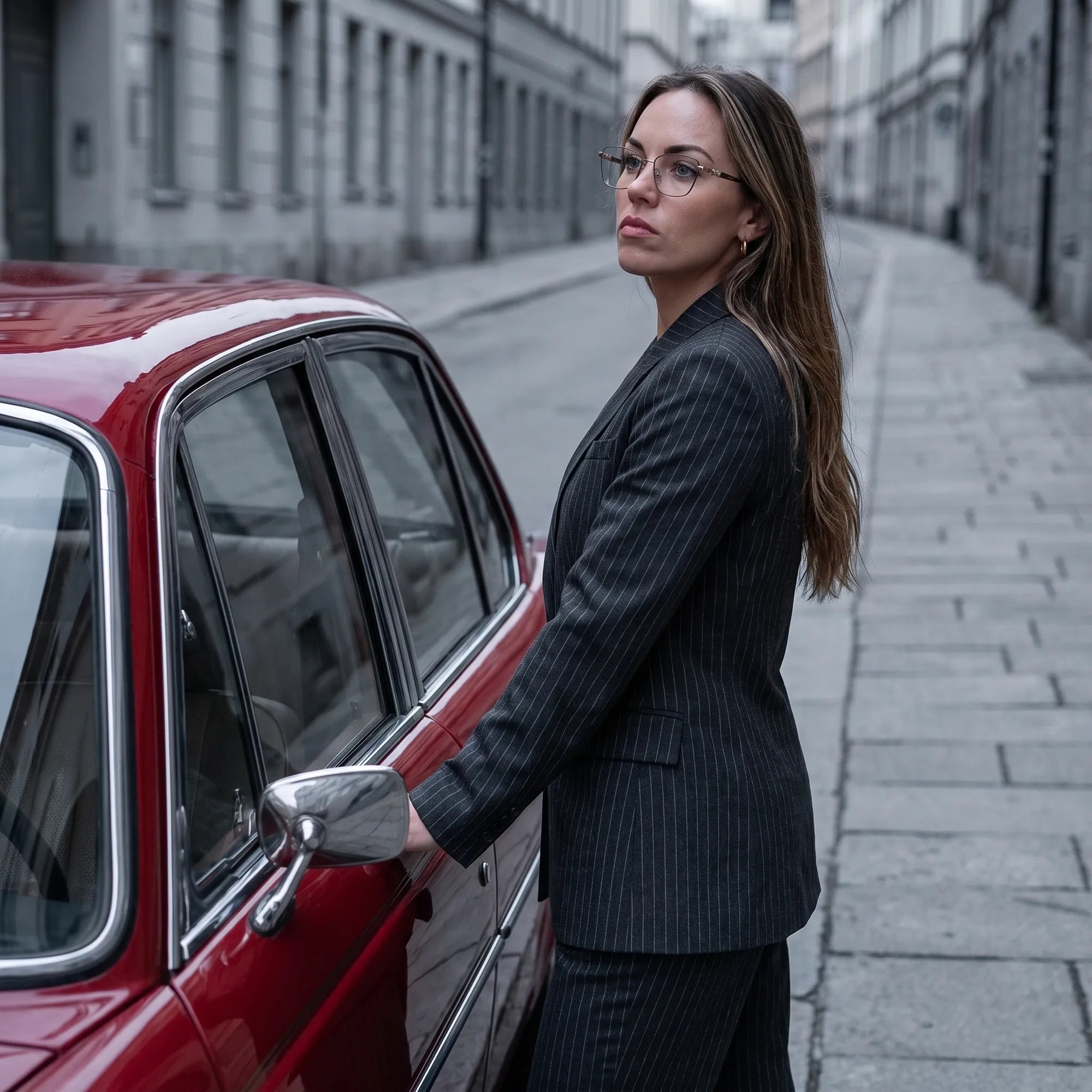 Fiore 22115 eyeglasses in black silver, worn by a model – campaign portrait, pinstripe suit beside a classic red car