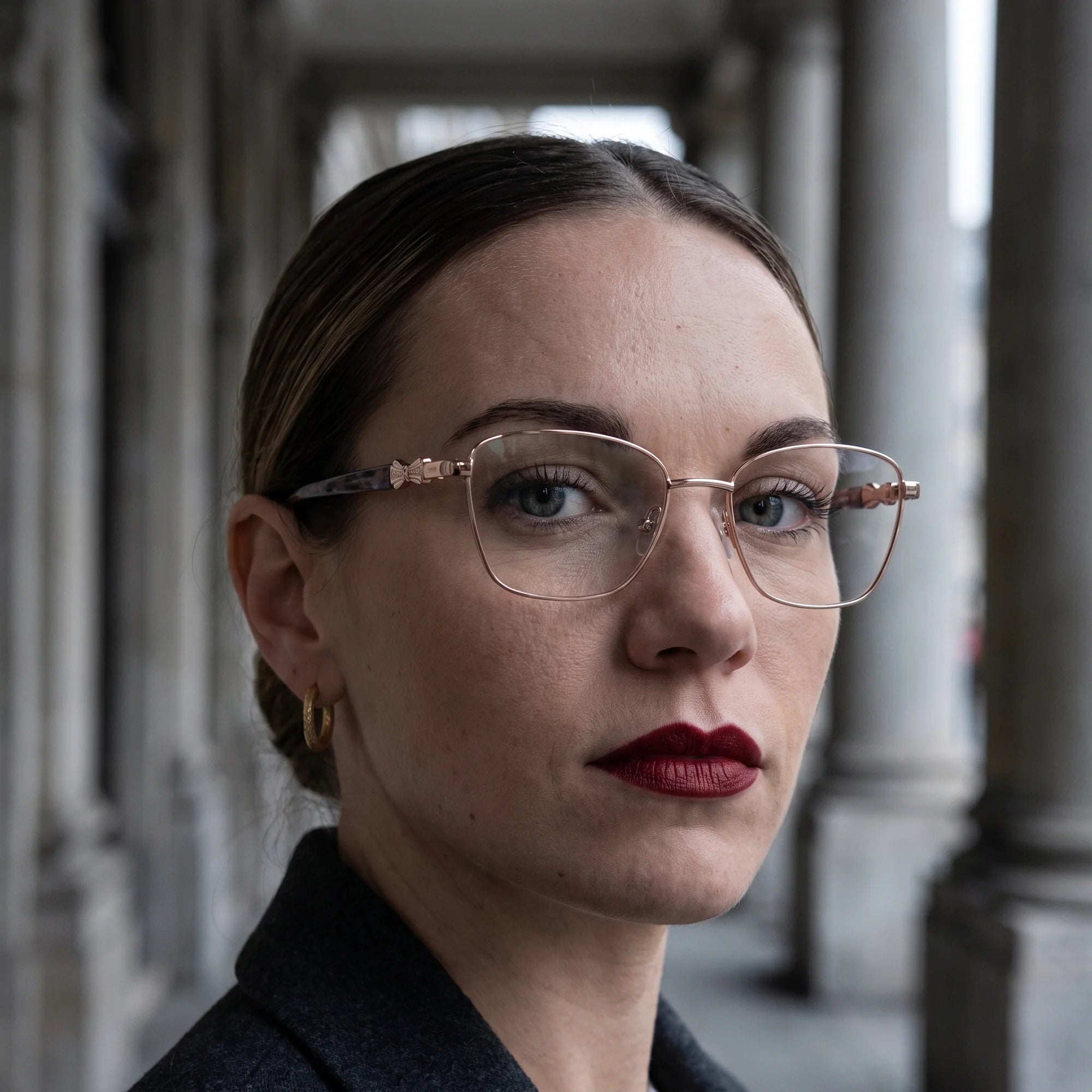 Fiore 22115 eyeglasses in gold, worn by a model – campaign portrait, moody autumn portrait between stone columns