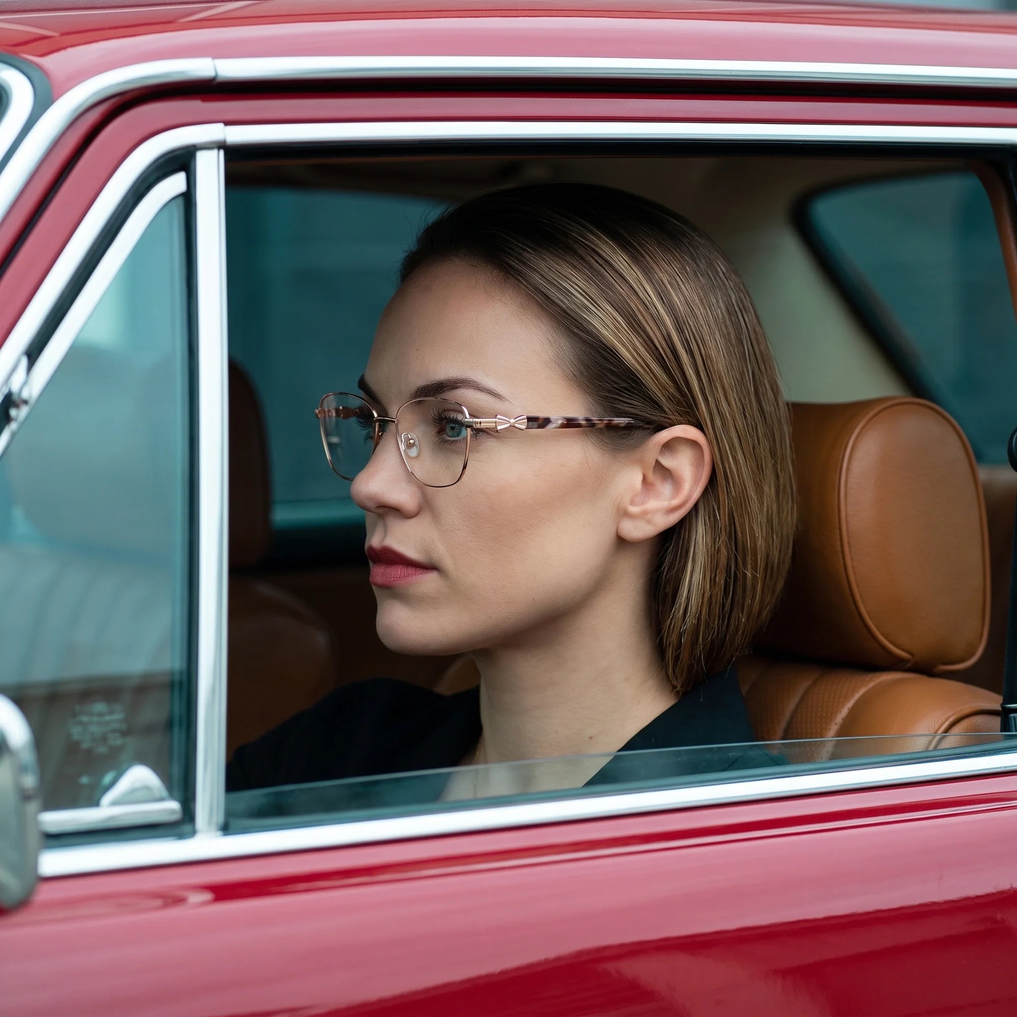 Fiore 22115 eyeglasses in gold, worn by a model – campaign portrait, gaze through a classic red car window