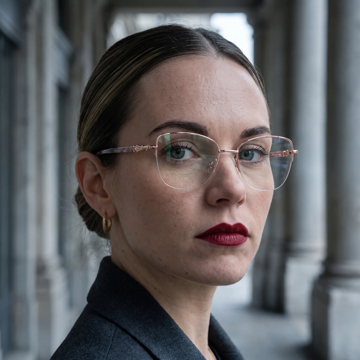 Fiore 22117 eyeglasses in gold, worn by a model – campaign portrait, moody autumn portrait between stone columns