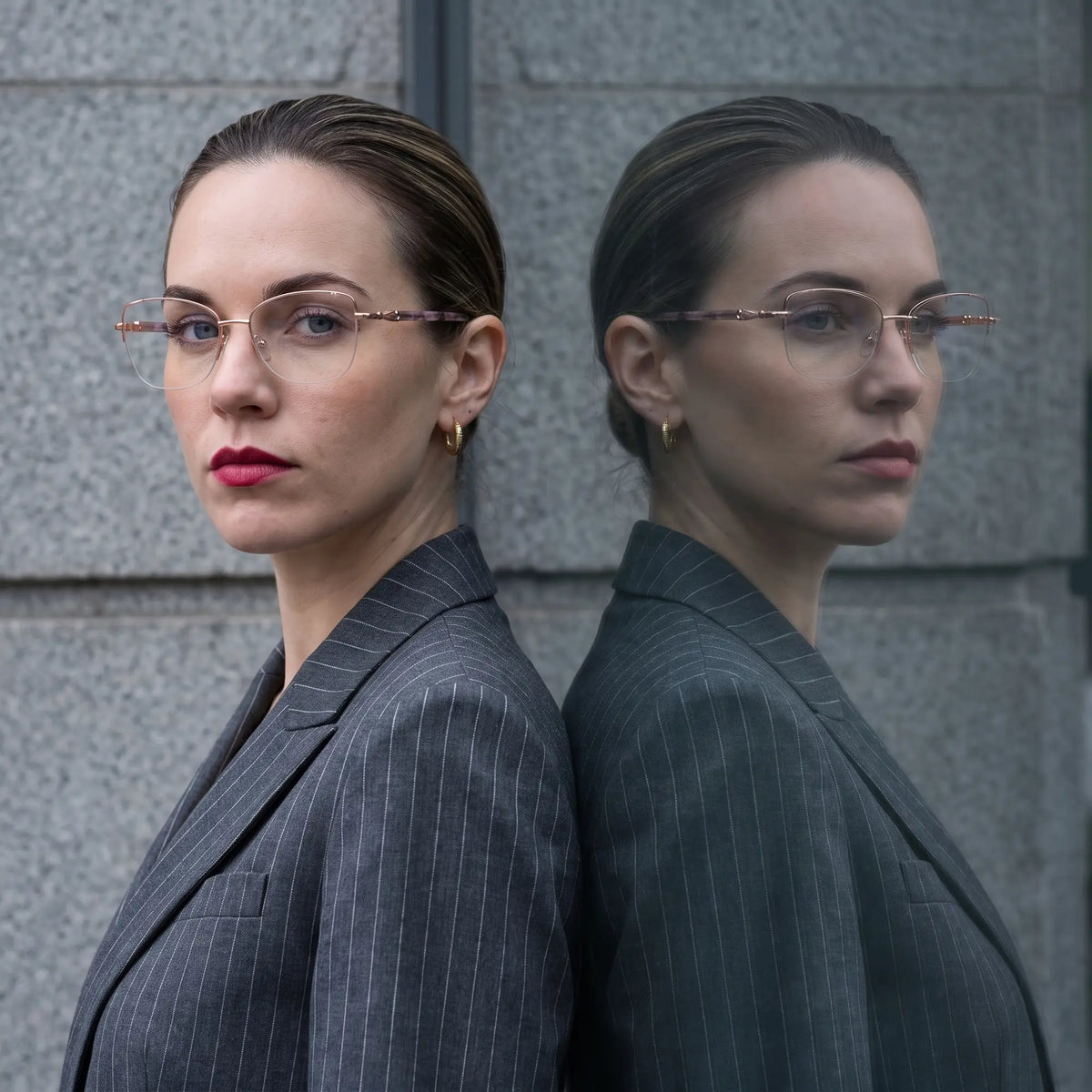 Fiore 22117 eyeglasses in gold, worn by a model – campaign portrait, overcast-city autumn street style