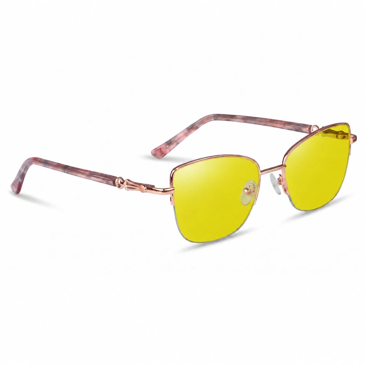 Fiore 22117 cat eye sunglasses, gold steel frame, yellow polarized lens, three-quarter view · ReFramed