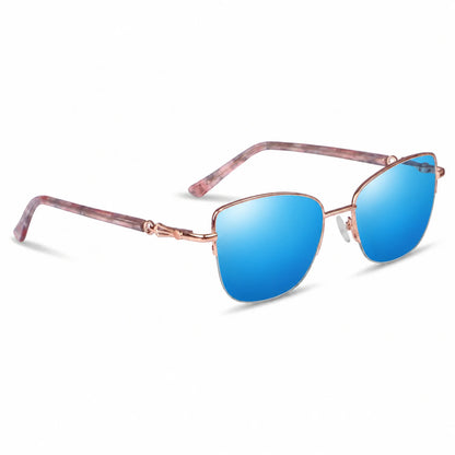 Fiore 22117 cat eye sunglasses, gold steel frame, mirrored blue polarized lens, three-quarter view · ReFramed