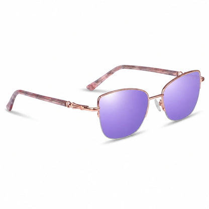 Fiore 22117 cat eye sunglasses, gold steel frame, mirrored purple polarized lens, three-quarter view · ReFramed