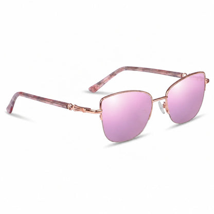 Fiore 22117 cat eye sunglasses, gold steel frame, mirrored pink polarized lens, three-quarter view · ReFramed
