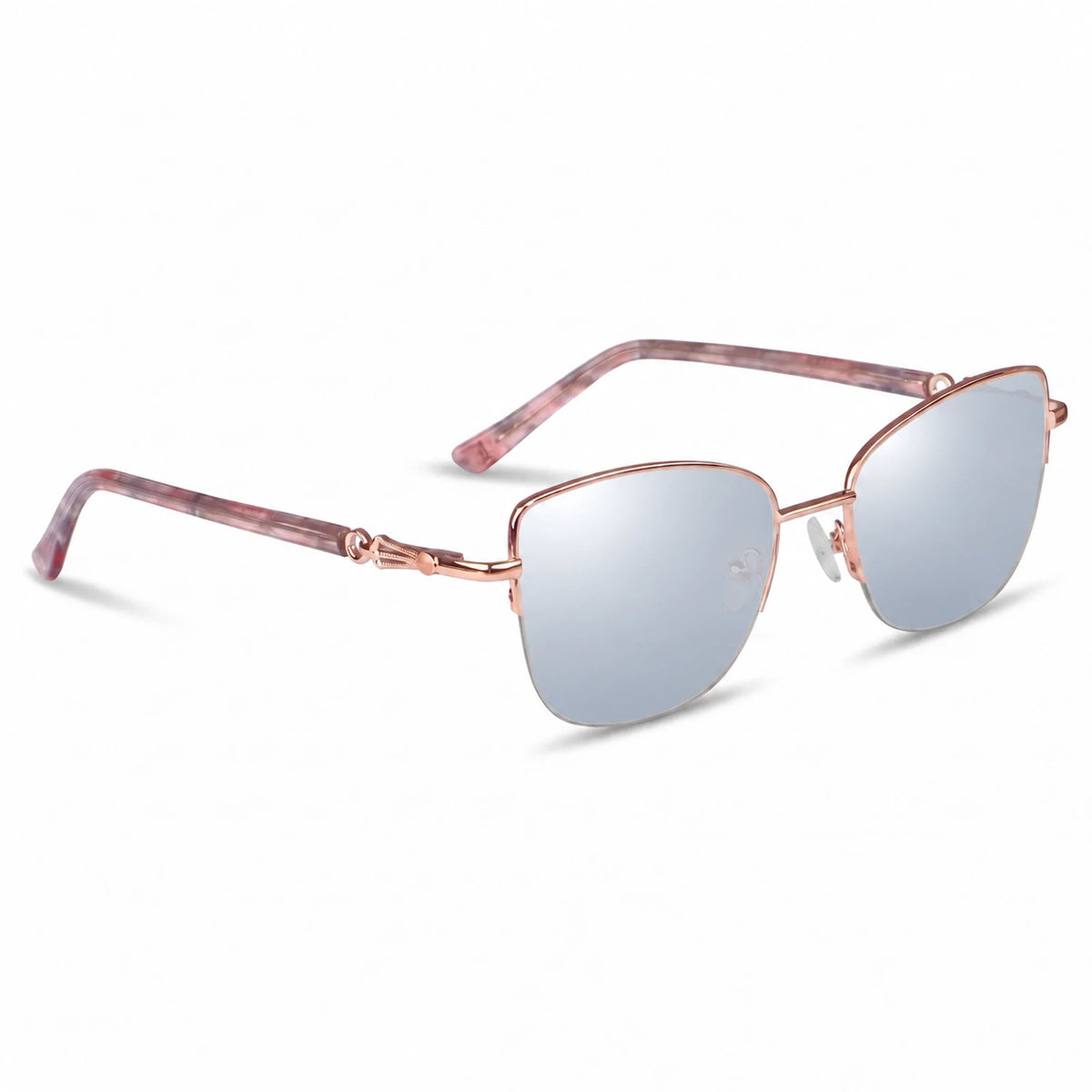 Fiore 22117 cat eye sunglasses, gold steel frame, mirrored silver polarized lens, three-quarter view · ReFramed