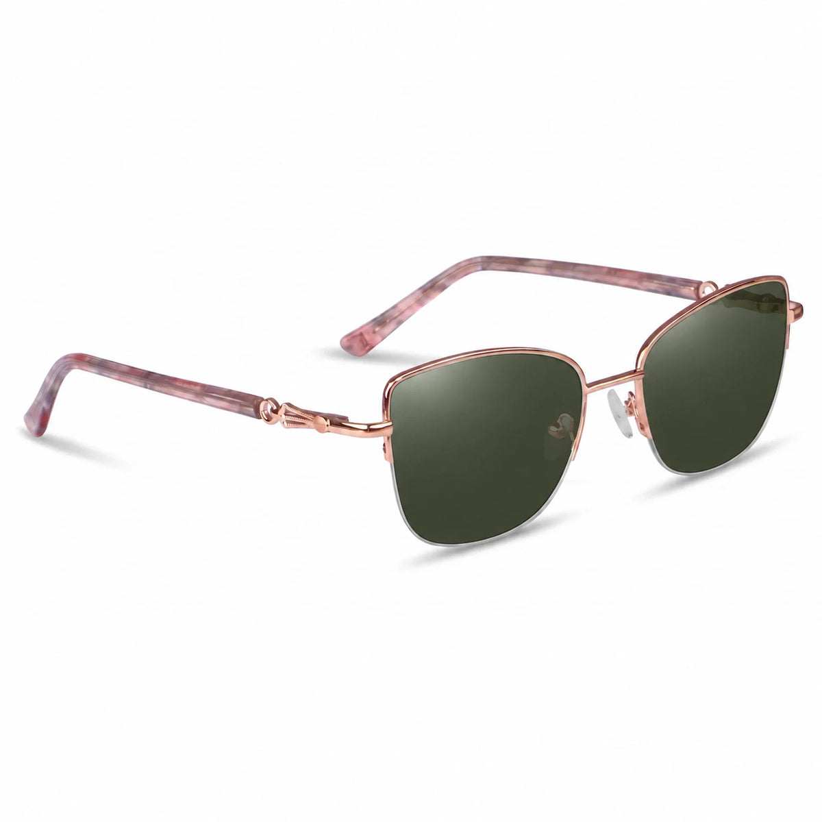 Fiore 22117 cat eye sunglasses, gold steel frame, G15 polarized lens, three-quarter view · ReFramed