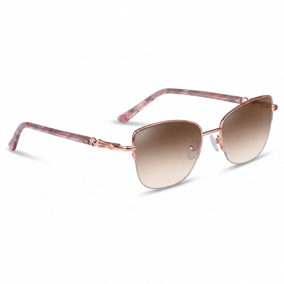 Fiore 22117 cat eye sunglasses, gold steel frame, gradient brown polarized lens, three-quarter view · ReFramed
