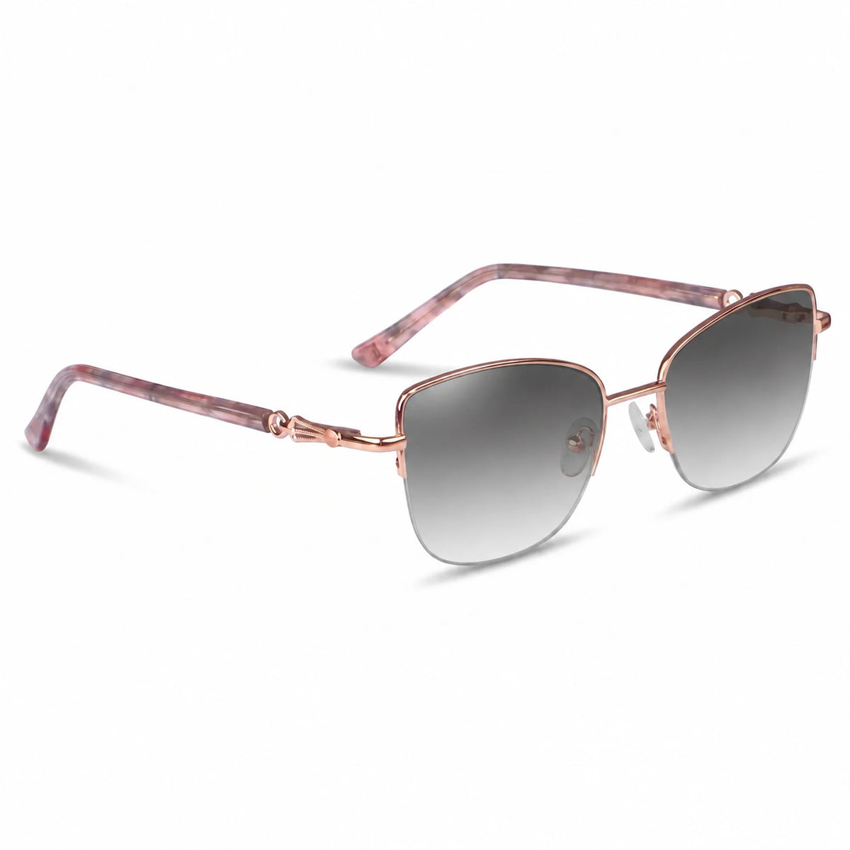 Fiore 22117 cat eye sunglasses, gold steel frame, gradient gray polarized lens, three-quarter view · ReFramed