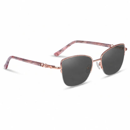Fiore 22117 cat eye sunglasses, gold steel frame, black polarized lens, three-quarter view · ReFramed