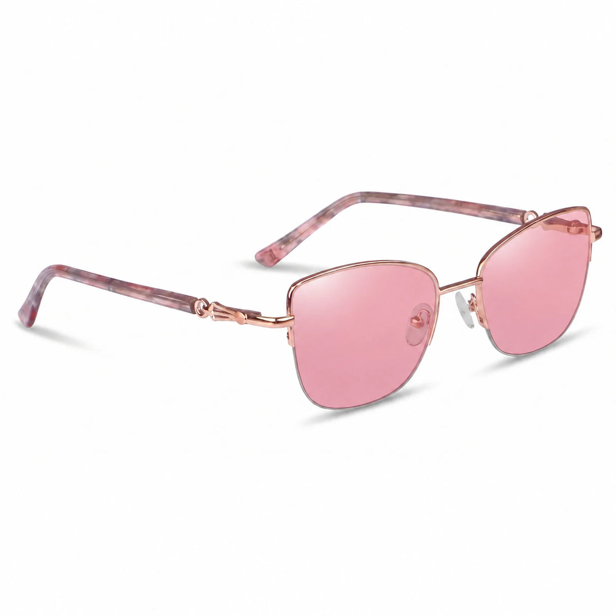 Fiore 22117 cat eye sunglasses, gold steel frame, pink polarized lens, three-quarter view · ReFramed