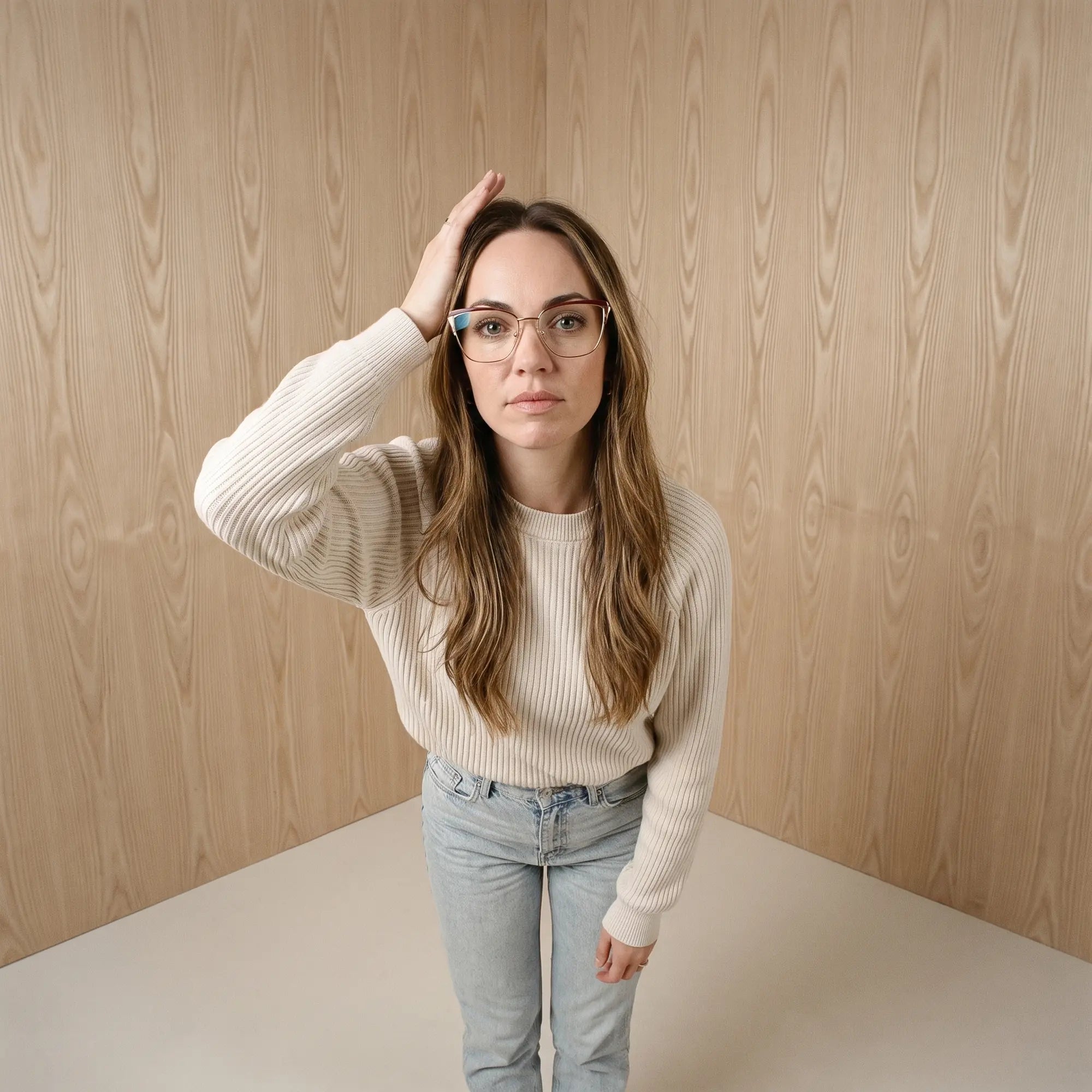 Fiore 3837 eyeglasses in red gold, worn by a model – campaign portrait, soft portrait in blush moire tones