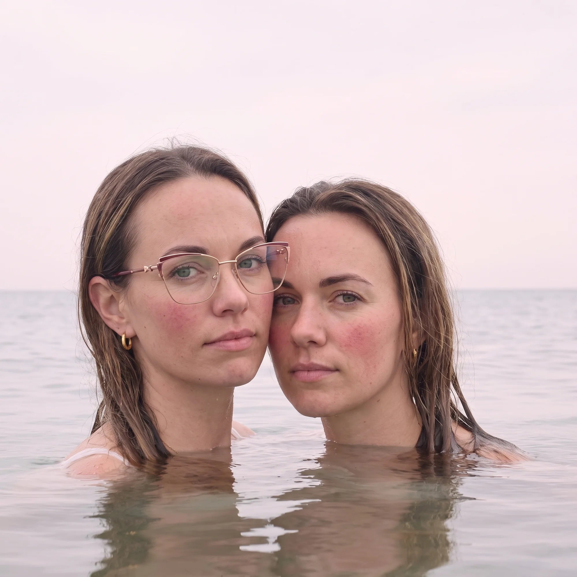 Fiore 3837 eyeglasses in red gold, worn by a model – campaign portrait, wet-hair portrait in a calm summer sea