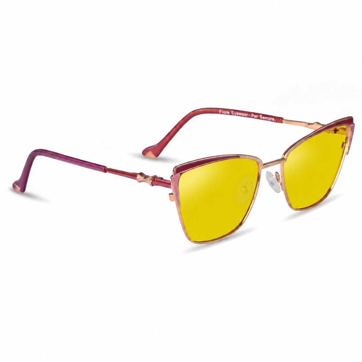 Fiore 3837 cat eye sunglasses, red steel frame, yellow polarized lens, three-quarter view · ReFramed