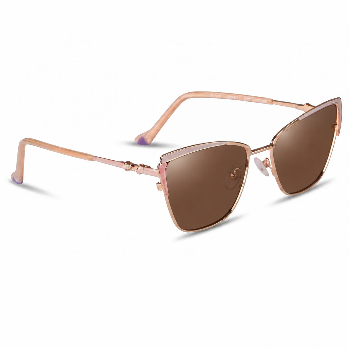 Fiore 3837 cat eye sunglasses, red steel frame, brown polarized lens, three-quarter view · ReFramed