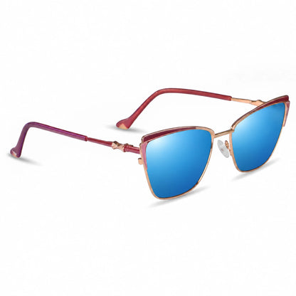 Fiore 3837 cat eye sunglasses, red steel frame, mirrored blue polarized lens, three-quarter view · ReFramed