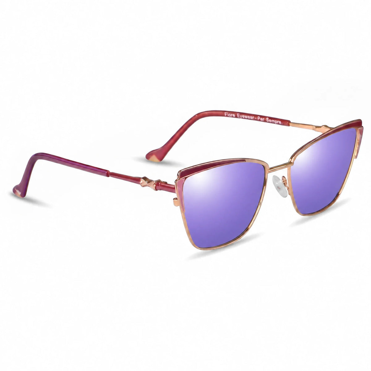 Fiore 3837 cat eye sunglasses, red steel frame, mirrored purple polarized lens, three-quarter view · ReFramed