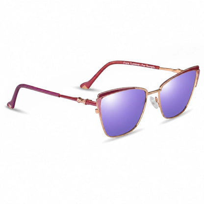 Fiore 3837 cat eye sunglasses, red steel frame, mirrored purple polarized lens, three-quarter view · ReFramed