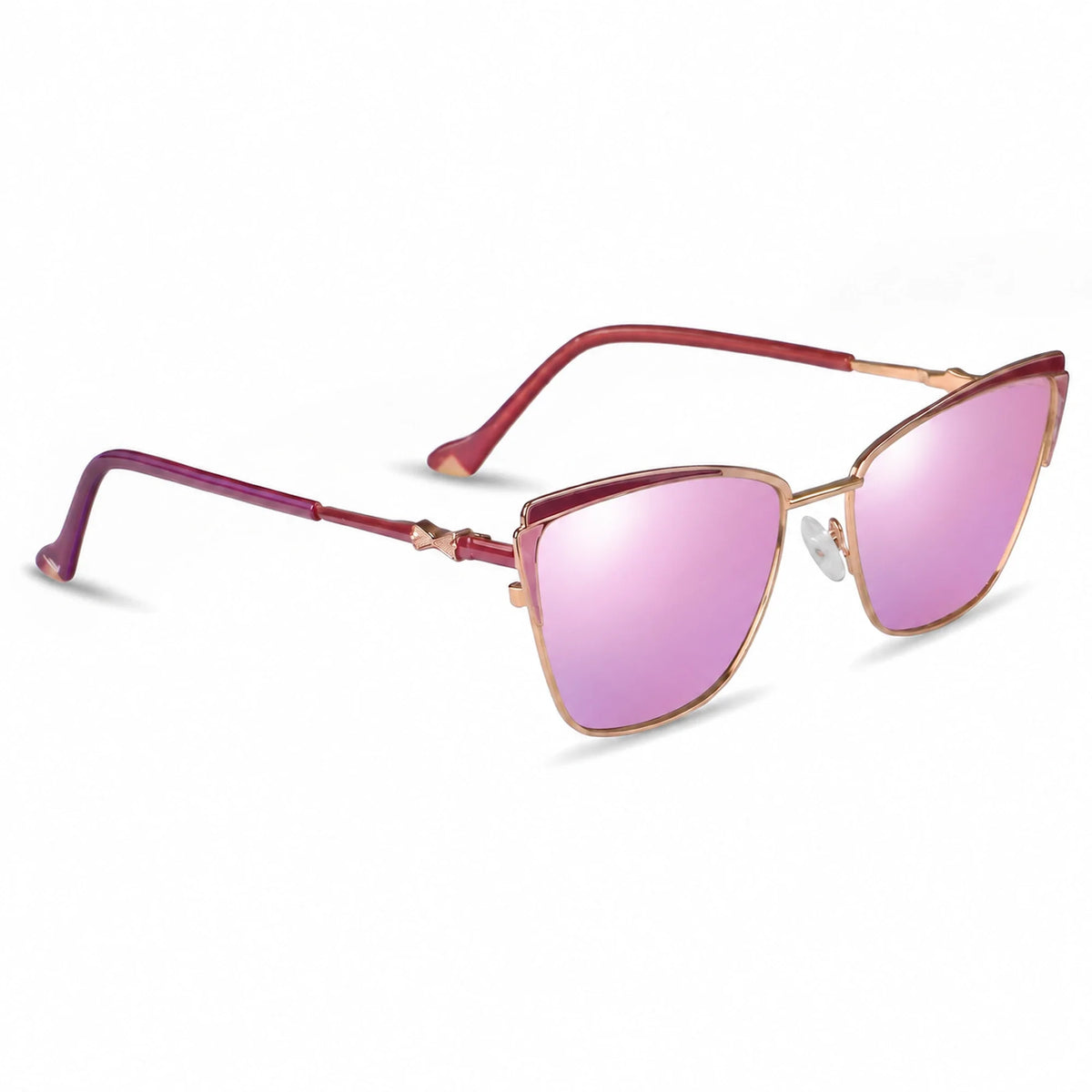 Fiore 3837 cat eye sunglasses, red steel frame, mirrored pink polarized lens, three-quarter view · ReFramed