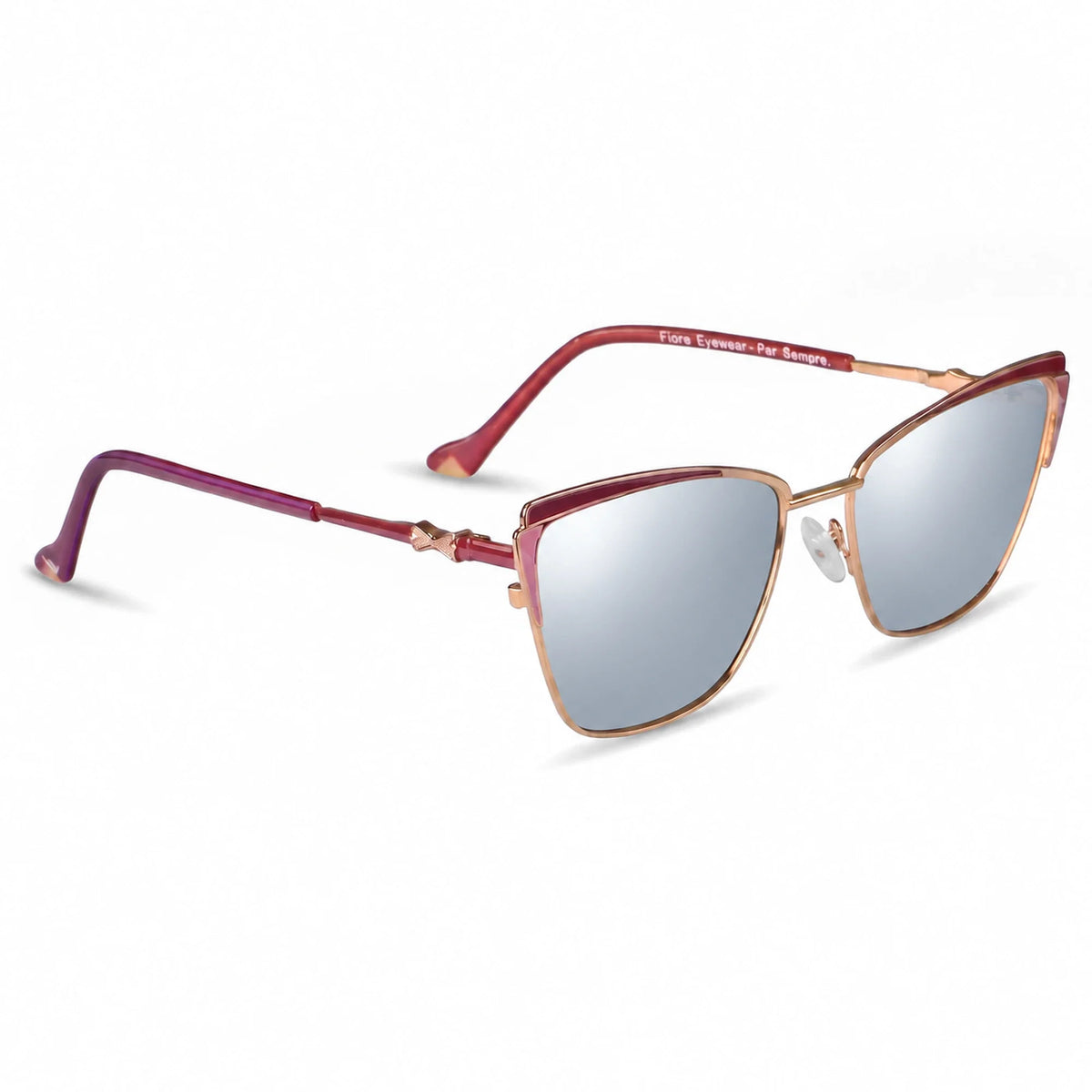 Fiore 3837 cat eye sunglasses, red steel frame, mirrored silver polarized lens, three-quarter view · ReFramed