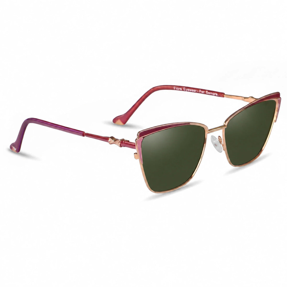Fiore 3837 cat eye sunglasses, red steel frame, G15 polarized lens, three-quarter view · ReFramed