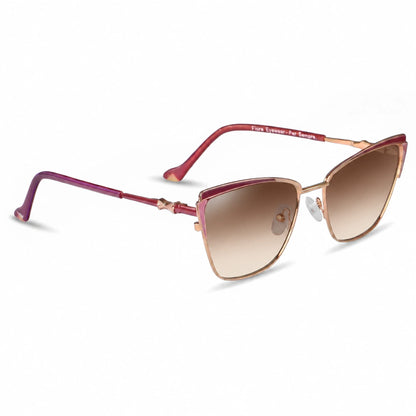 Fiore 3837 cat eye sunglasses, red steel frame, gradient brown polarized lens, three-quarter view · ReFramed
