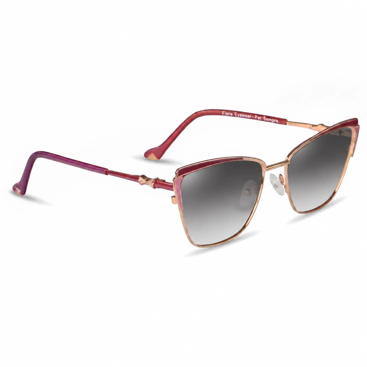 Fiore 3837 cat eye sunglasses, red steel frame, gradient gray polarized lens, three-quarter view · ReFramed