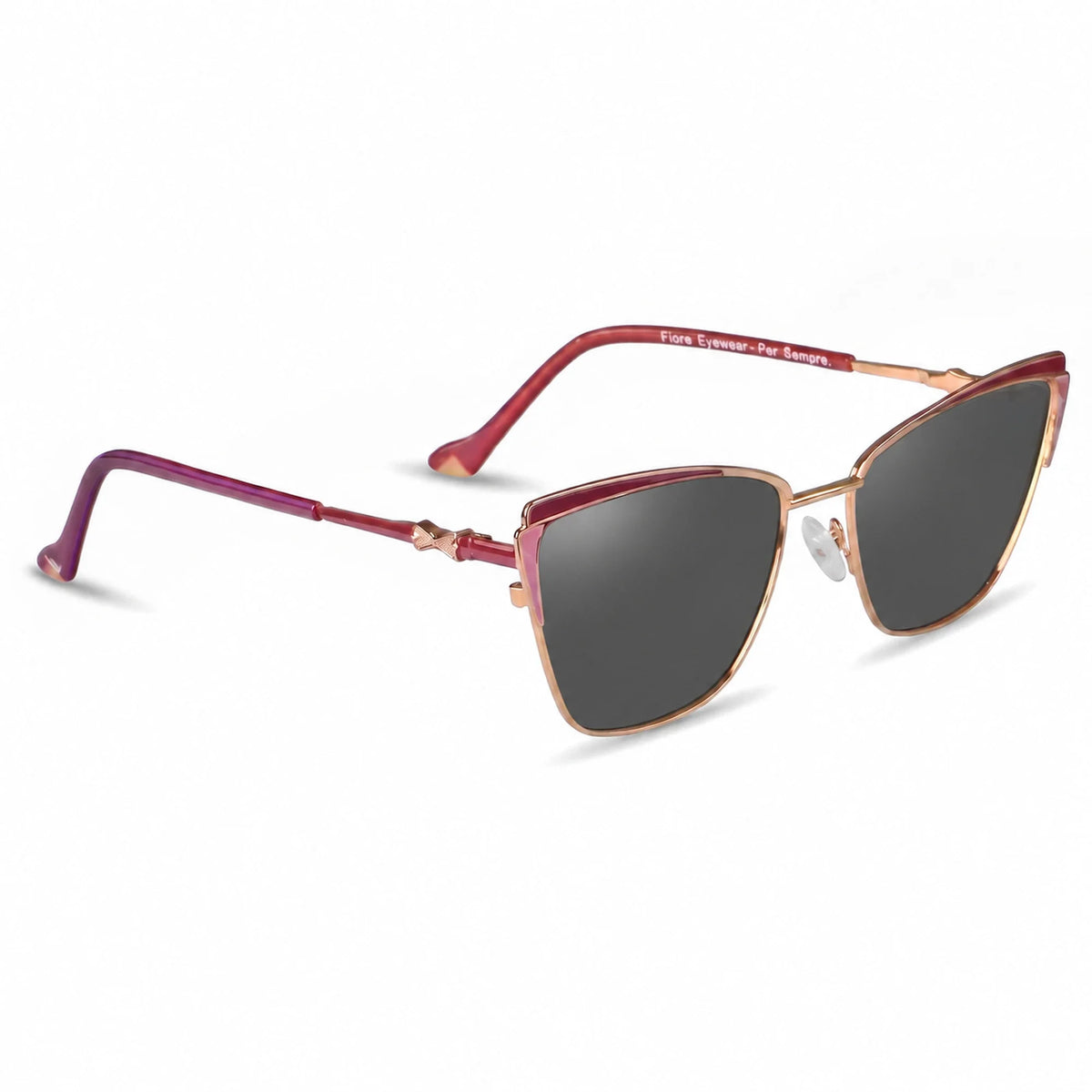 Fiore 3837 cat eye sunglasses, red steel frame, black polarized lens, three-quarter view · ReFramed