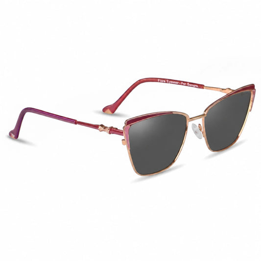 Fiore 3837 cat eye sunglasses, red steel frame, black polarized lens, three-quarter view · ReFramed