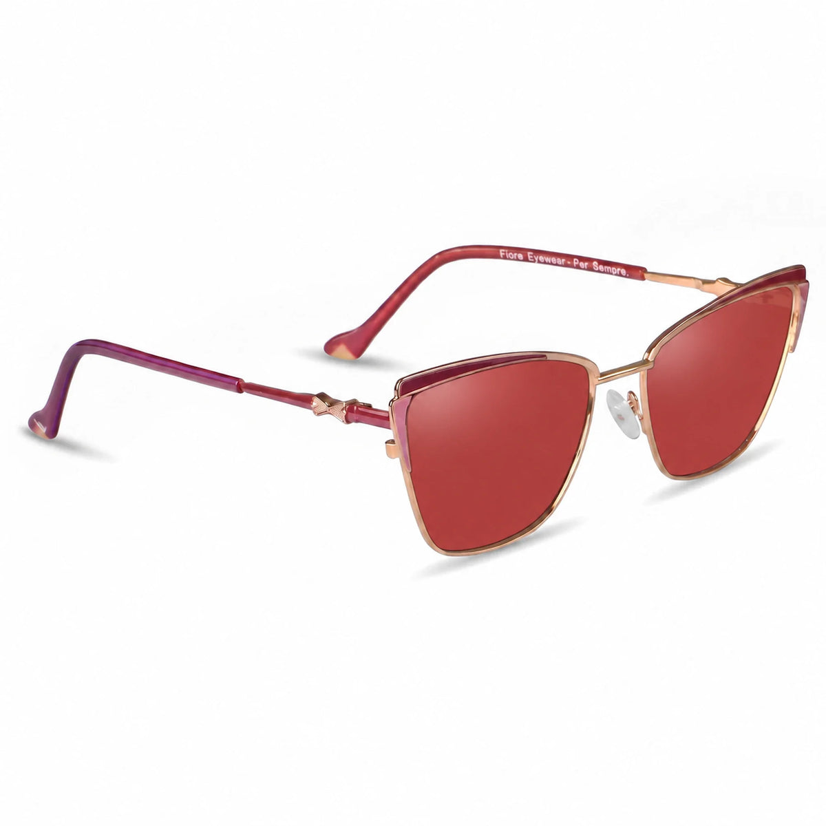 Fiore 3837 cat eye sunglasses, red steel frame, red polarized lens, three-quarter view · ReFramed
