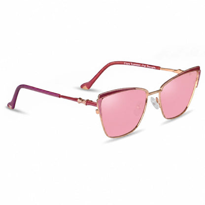 Fiore 3837 cat eye sunglasses, red steel frame, pink polarized lens, three-quarter view · ReFramed