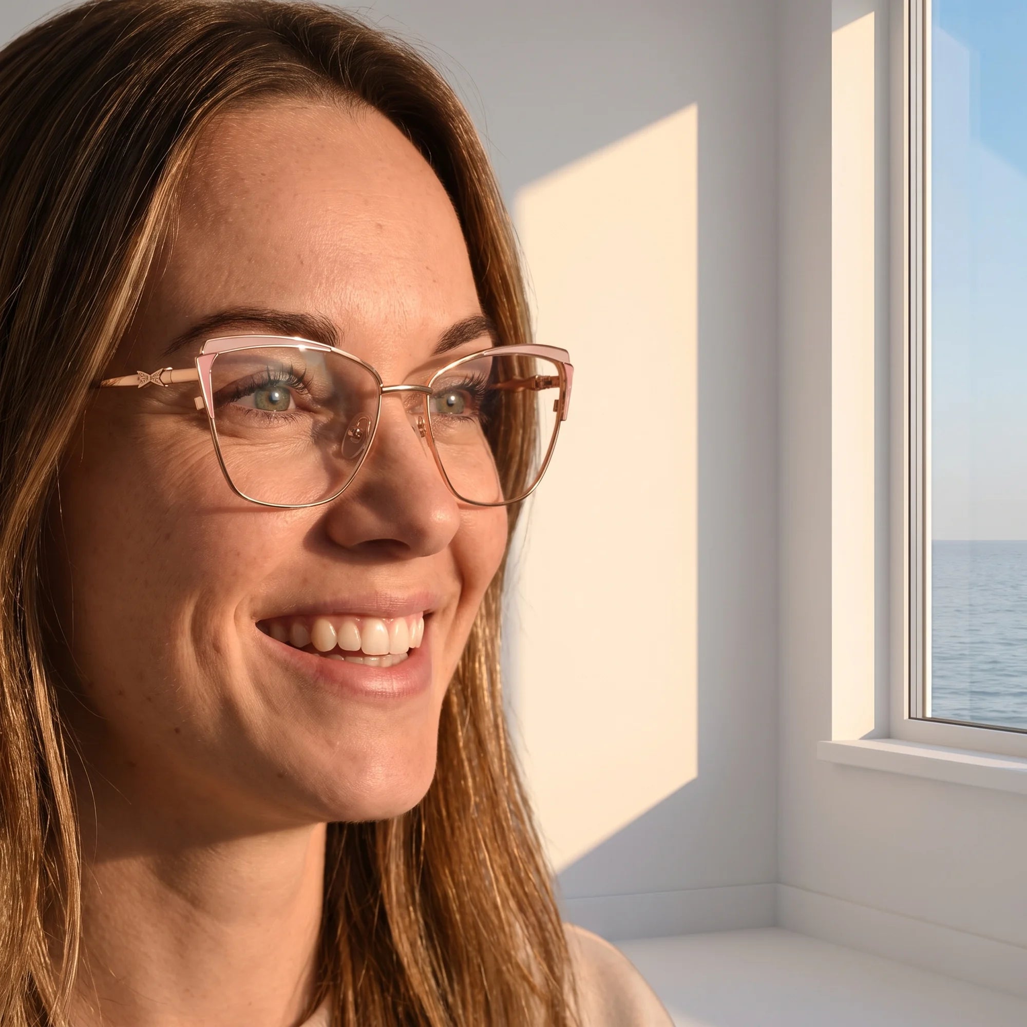 Fiore 3837 eyeglasses in pink gold, worn by a model – campaign portrait, smiling at a bright window over the sea