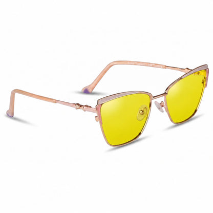 Fiore 3837 cat eye sunglasses, pink steel frame, yellow polarized lens, three-quarter view · ReFramed