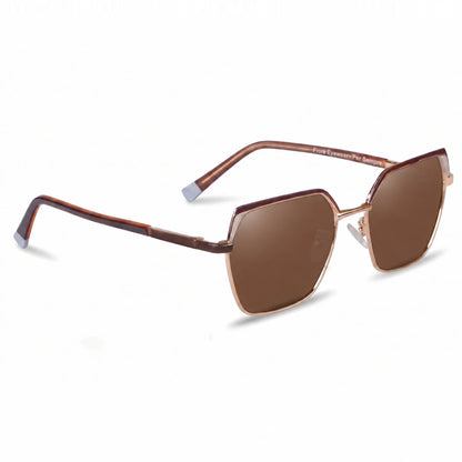 Fiore 3837 cat eye sunglasses, pink steel frame, brown polarized lens, three-quarter view · ReFramed