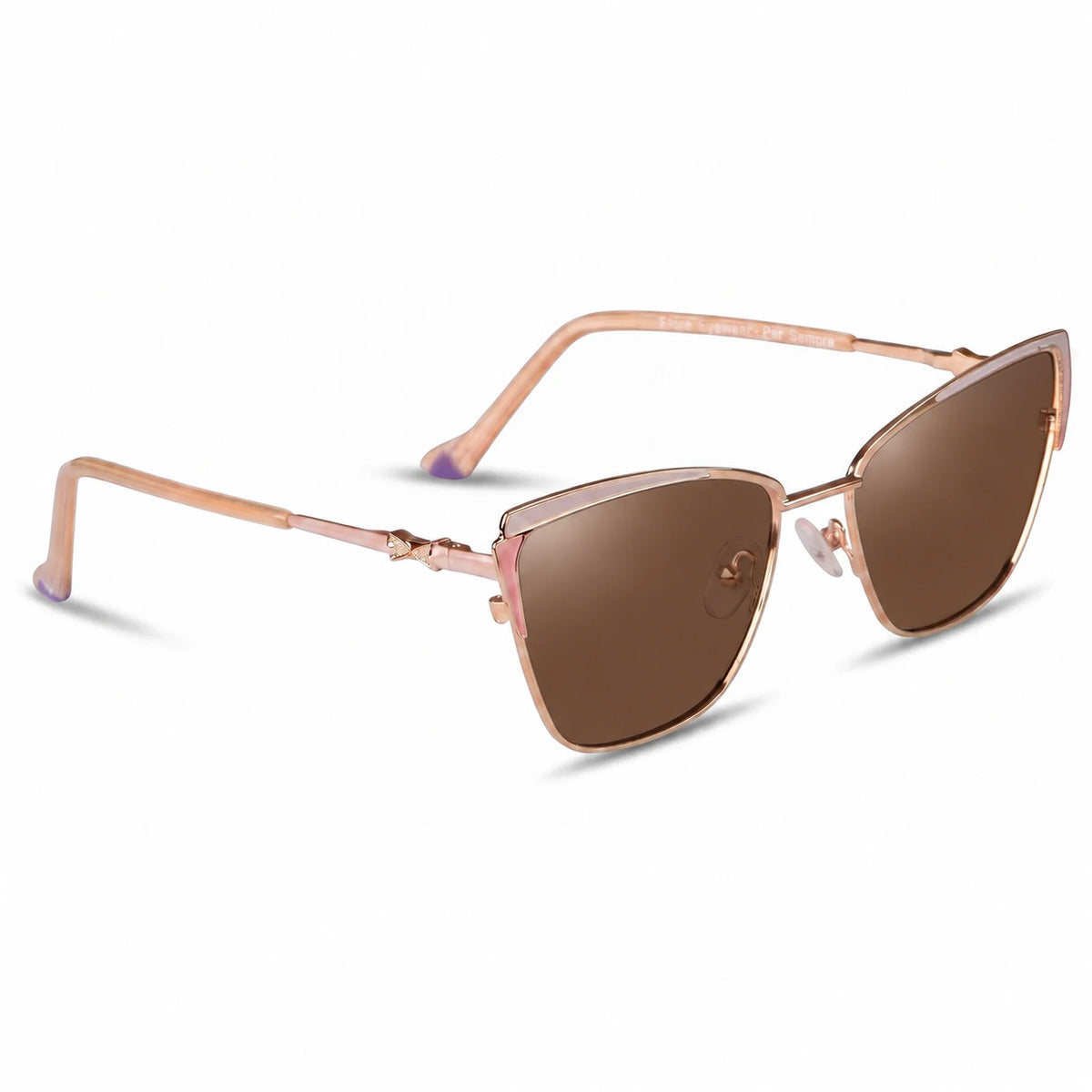 Fiore 3837 cat eye sunglasses, pink steel frame, brown polarized lens, three-quarter view (angle 2) · ReFramed