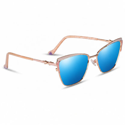 Fiore 3837 cat eye sunglasses, pink steel frame, mirrored blue polarized lens, three-quarter view · ReFramed