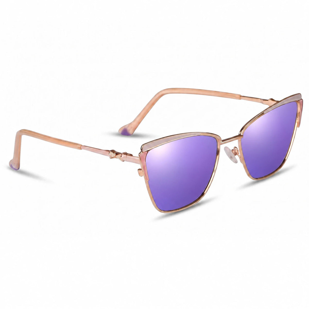 Fiore 3837 cat eye sunglasses, pink steel frame, mirrored purple polarized lens, three-quarter view · ReFramed