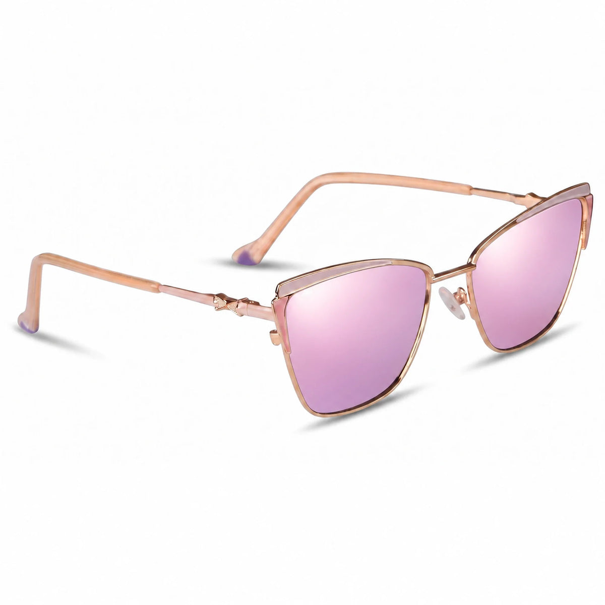 Fiore 3837 cat eye sunglasses, pink steel frame, mirrored pink polarized lens, three-quarter view · ReFramed